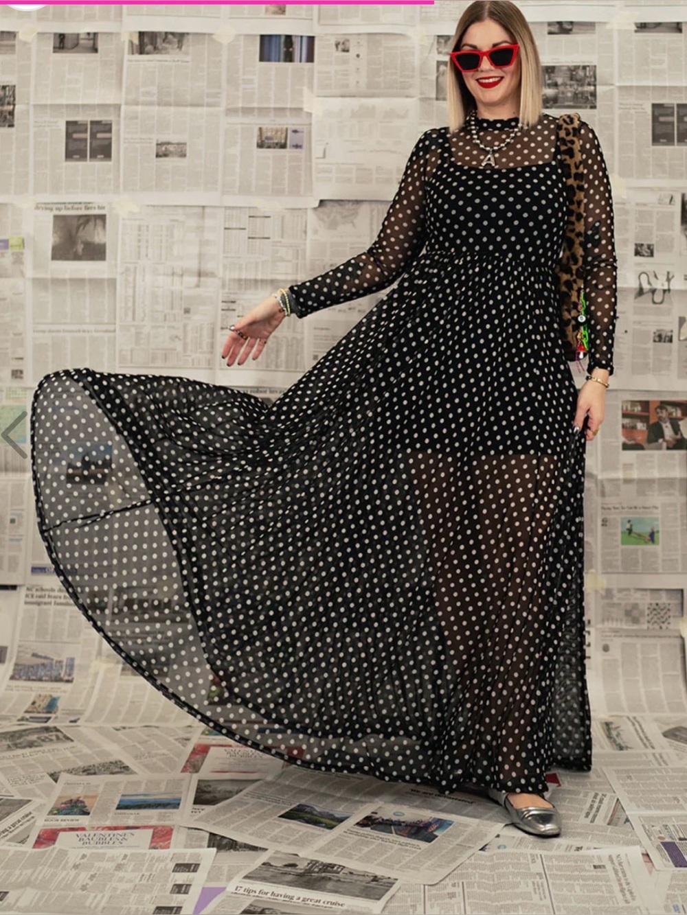 Alora Eden Black Polka Dot Sheer Mesh Long Sleeve Maxi Dress in size small